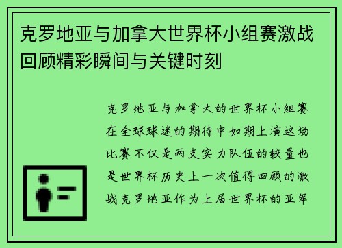 克罗地亚与加拿大世界杯小组赛激战回顾精彩瞬间与关键时刻