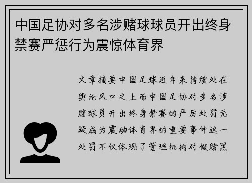 中国足协对多名涉赌球球员开出终身禁赛严惩行为震惊体育界 中国足协对多名涉赌球球员开出终身禁赛严惩行为震惊体育界